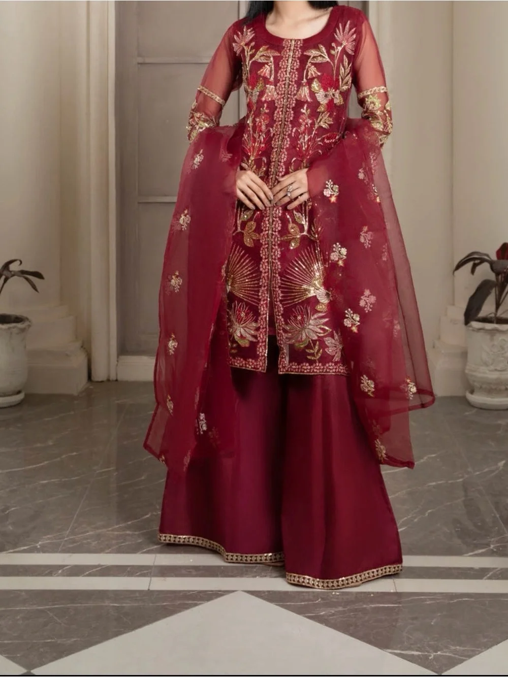 Embroidered Maroon Women's Formal Salwar Kameez Set